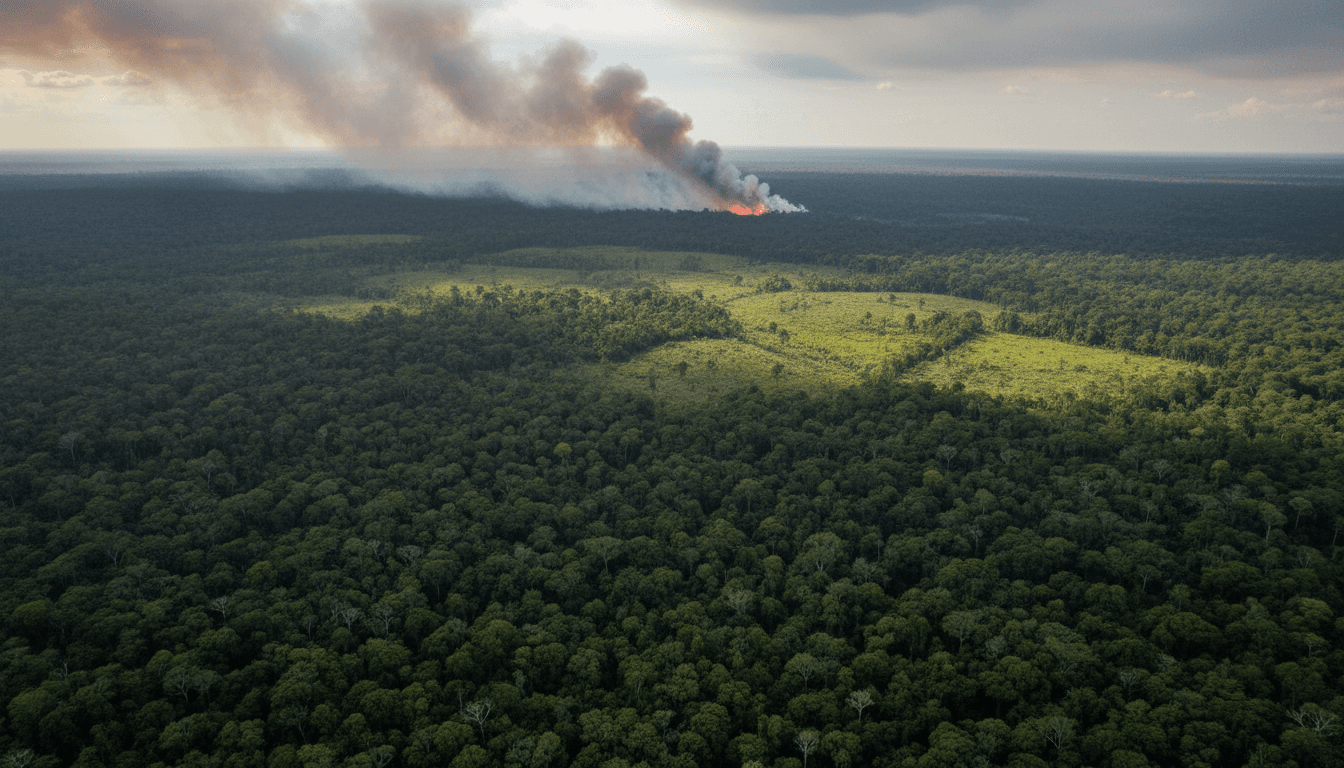Satellite image showing areas of reduced Amazon deforestation alongside patches of recent clearing and active wildfires