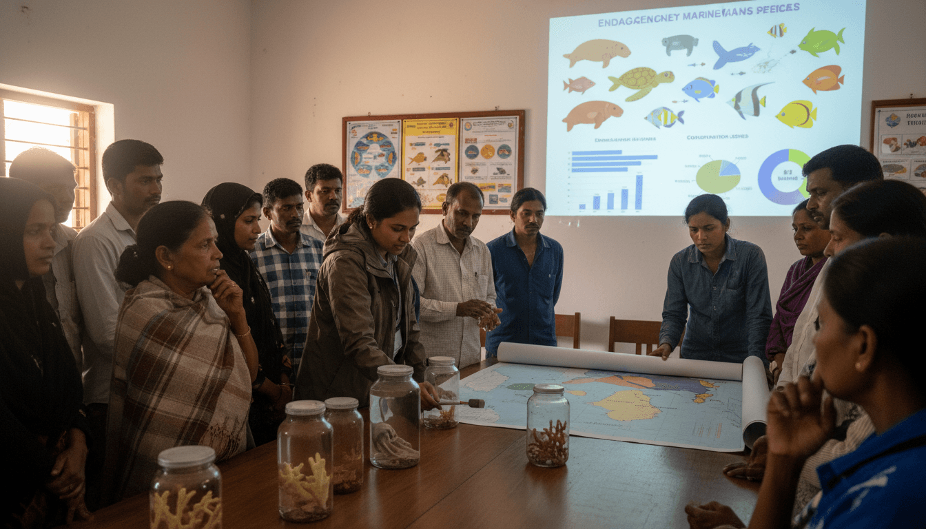 A group of scientists and local community members participating in a marine endangered species conservation awareness workshop, looking at marine life posters.