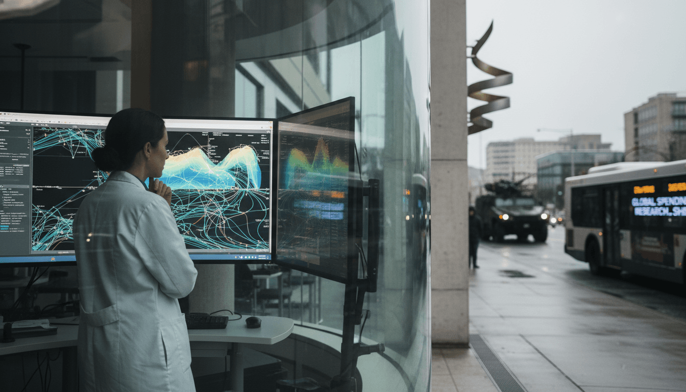 A scientist looking at data on a computer screen in a lab, with a globe and ocean charts in the background, symbolizing slashing climate, weather, and ocean research.
