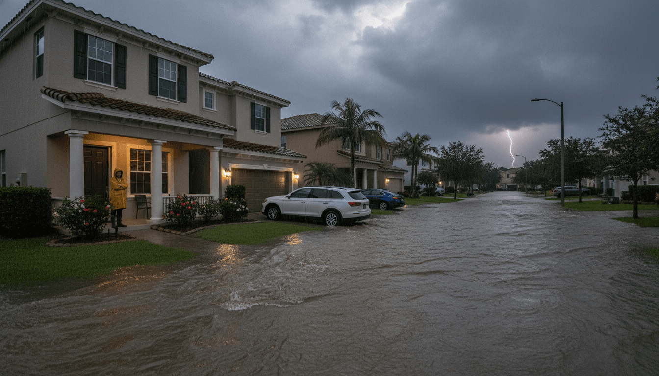 Aerial view of a suburban street in Florida experiencing a Florida flash flood threat, with cars partially submerged and water flowing rapidly.