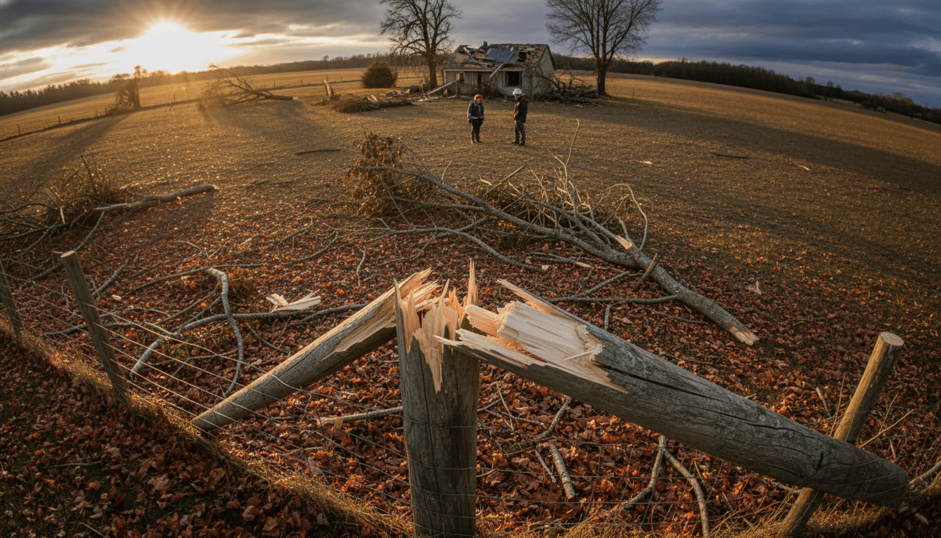 Close-up of a damaged, splintered wooden fence post with debris scattered around, signifying the aftermath of US severe weather warnings.