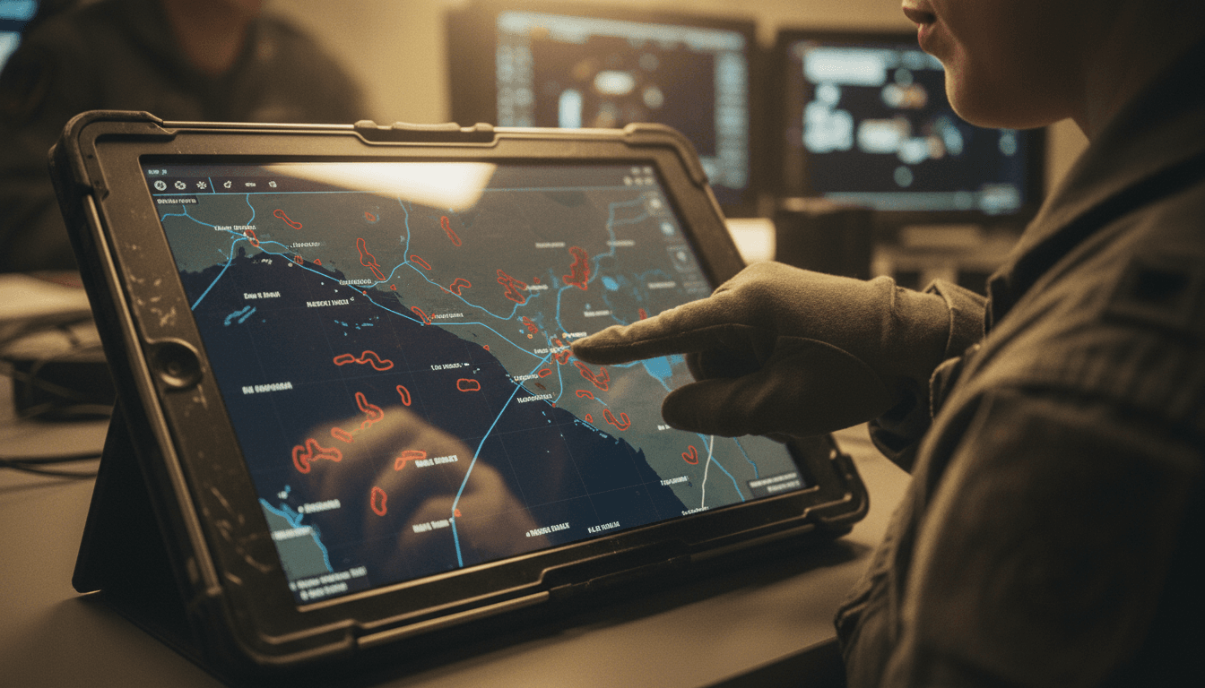 A close-up of a military-grade tablet displaying a digital map of the Strait of Hormuz, overlaid with tactical icons, symbolizing Trump mulls kinetic options.