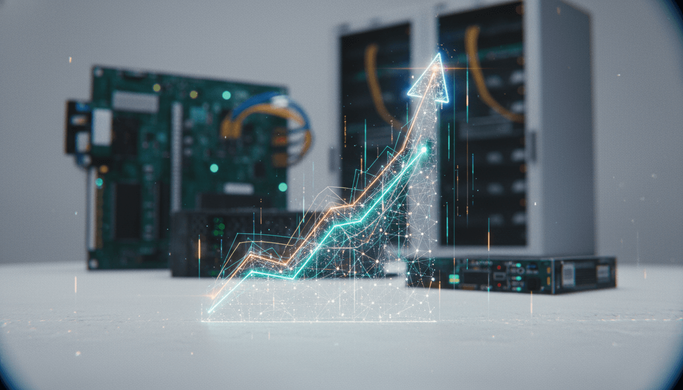 Abstract visual representing the AI spending boom with interconnected digital nodes and upward-pointing financial graphs.