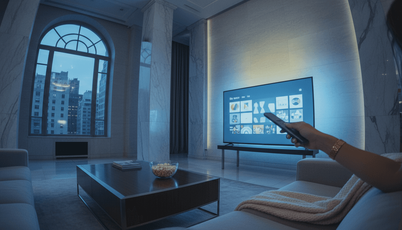 A person's hand holding a remote control, navigating through various streaming content May 2026 options on a TV screen.
