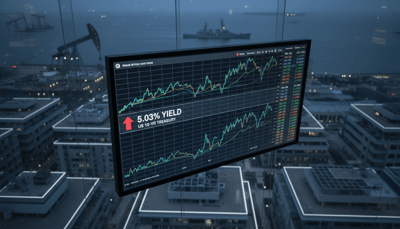A digital screen displaying real-time bond market on edge data with red upward trending graphs and flashing numbers, against a backdrop of news headlines about geopolitical tensions.