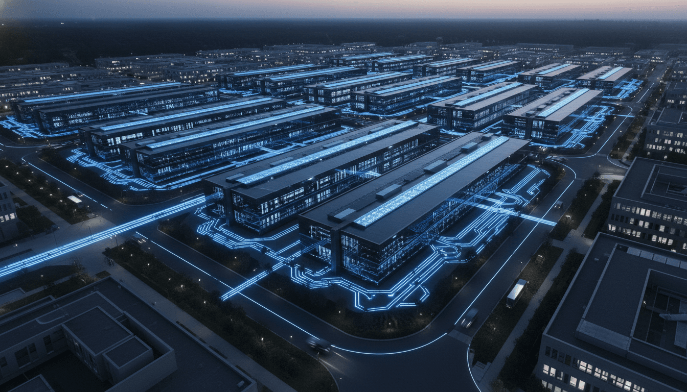 An aerial view of a modern data center campus, representing Cloudflare slashes staff for AI transformation.