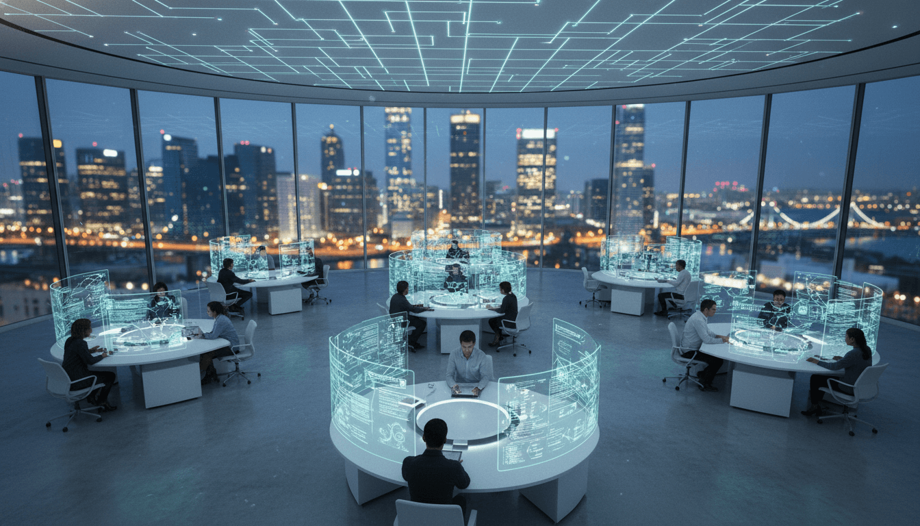 An illustration of five diverse silhouettes, composed of glowing binary code, representing a team of 'Member of Technical Staff' professionals collaborating on AI development.