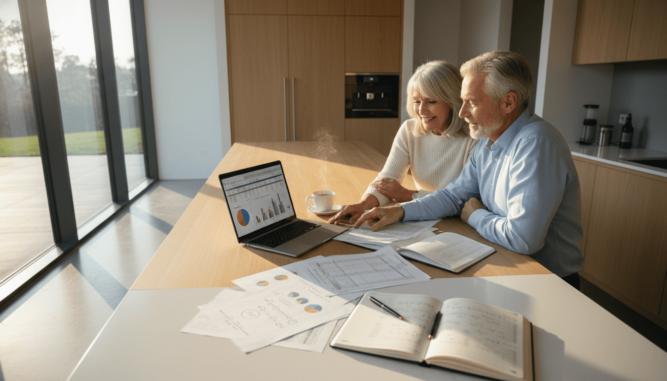 A mature adult couple reviewing documents at a kitchen table, discussing their Social Security claiming strategies with a laptop open.