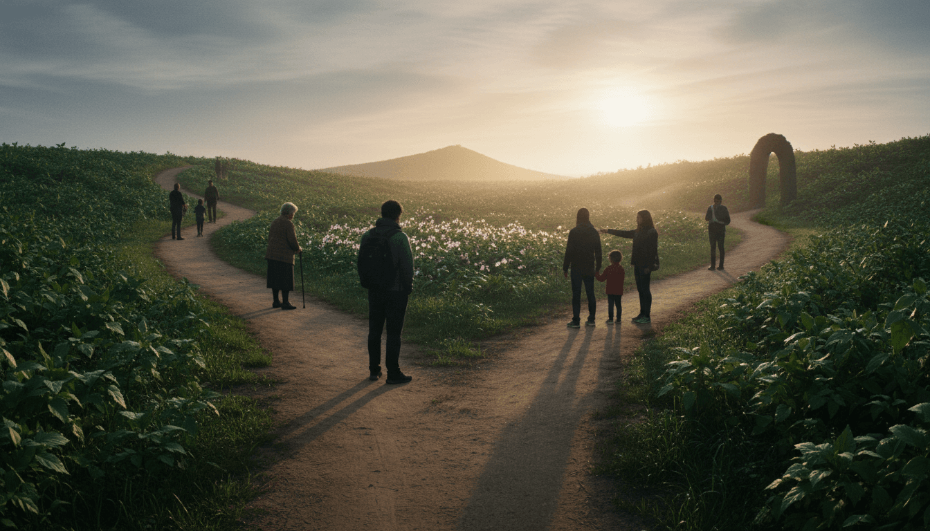 A diverse group of individuals, representing varied GLP-1 response, stand on a path with diverging arrows, symbolizing different weight loss journeys.