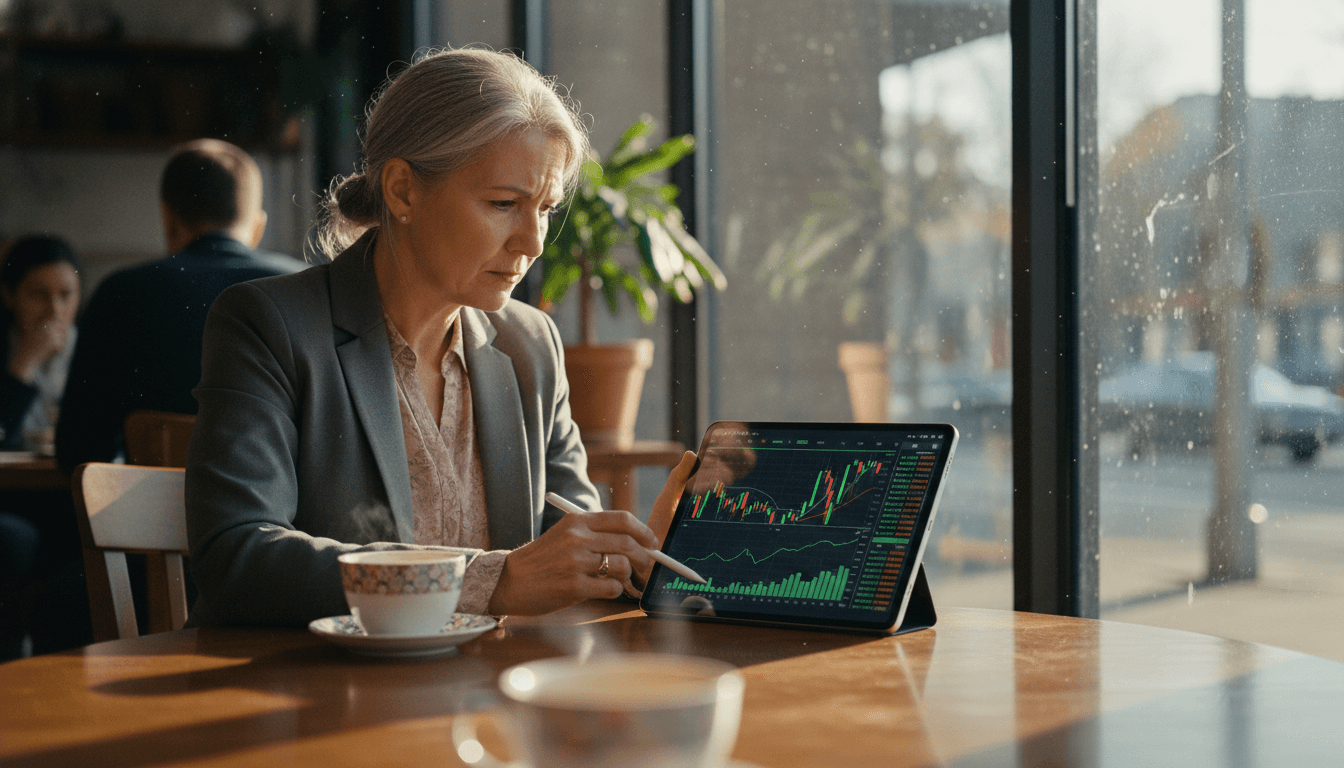 A woman thoughtfully weighing her options for Navigating Social Security and survivor benefits, with abstract financial graphics in the background.