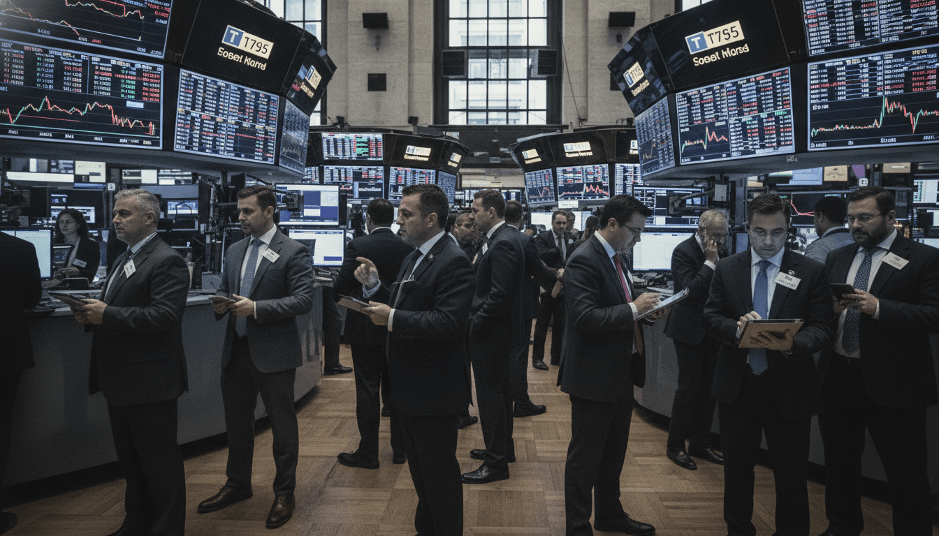 A wide shot of the New York Stock Exchange trading floor, with screens displaying stock tickers and a sense of bustling activity. The scene is slightly desaturated, conveying a serious, investigative tone. The focus is on the large, open space of financial transactions.