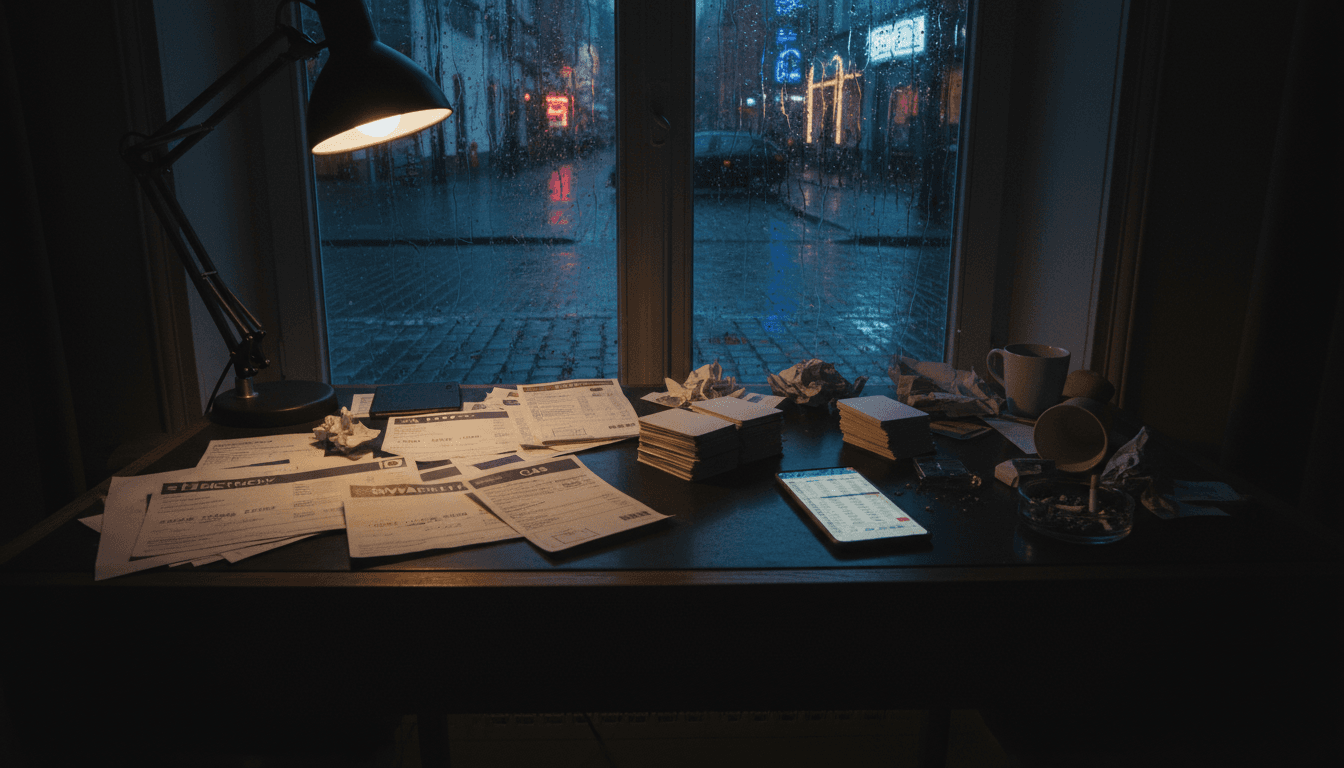 A stack of fake utility bills and bank cards on a desk, representing the fraudulent tools used by Daniel Adeyeye.