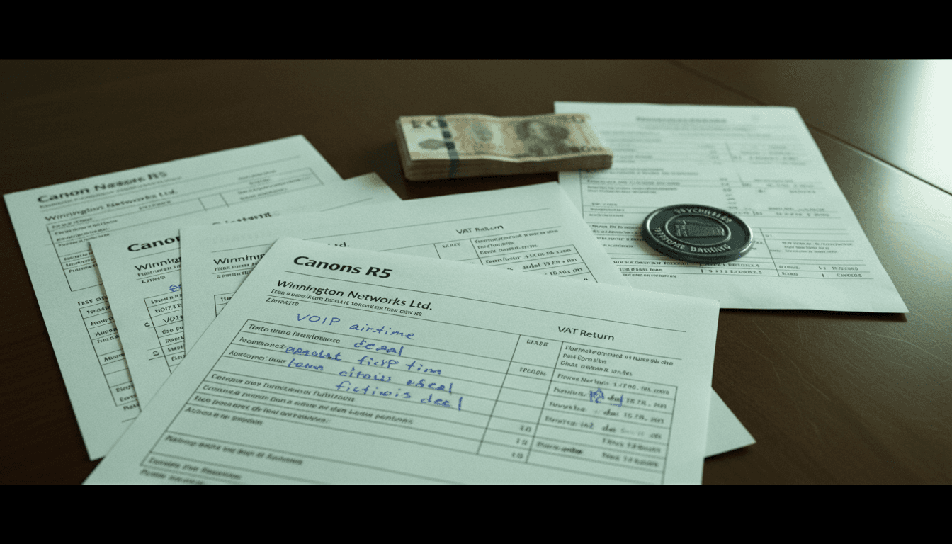 A still life composition featuring a stack of fake VAT returns and invoices, a blurred image of a company logo for Winnington Networks Ltd in the background, a small stack of British pound notes, and a corporate seal with 'Seychelles Offshore Banking' faintly visible.