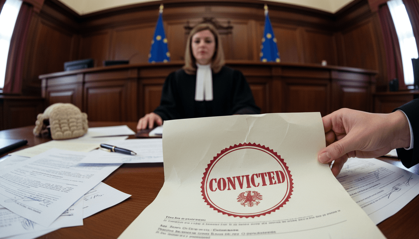 Close-up of a legal document with the word 'CONVICTED' stamped in red, overlaid on a blurred background of European Union flags.