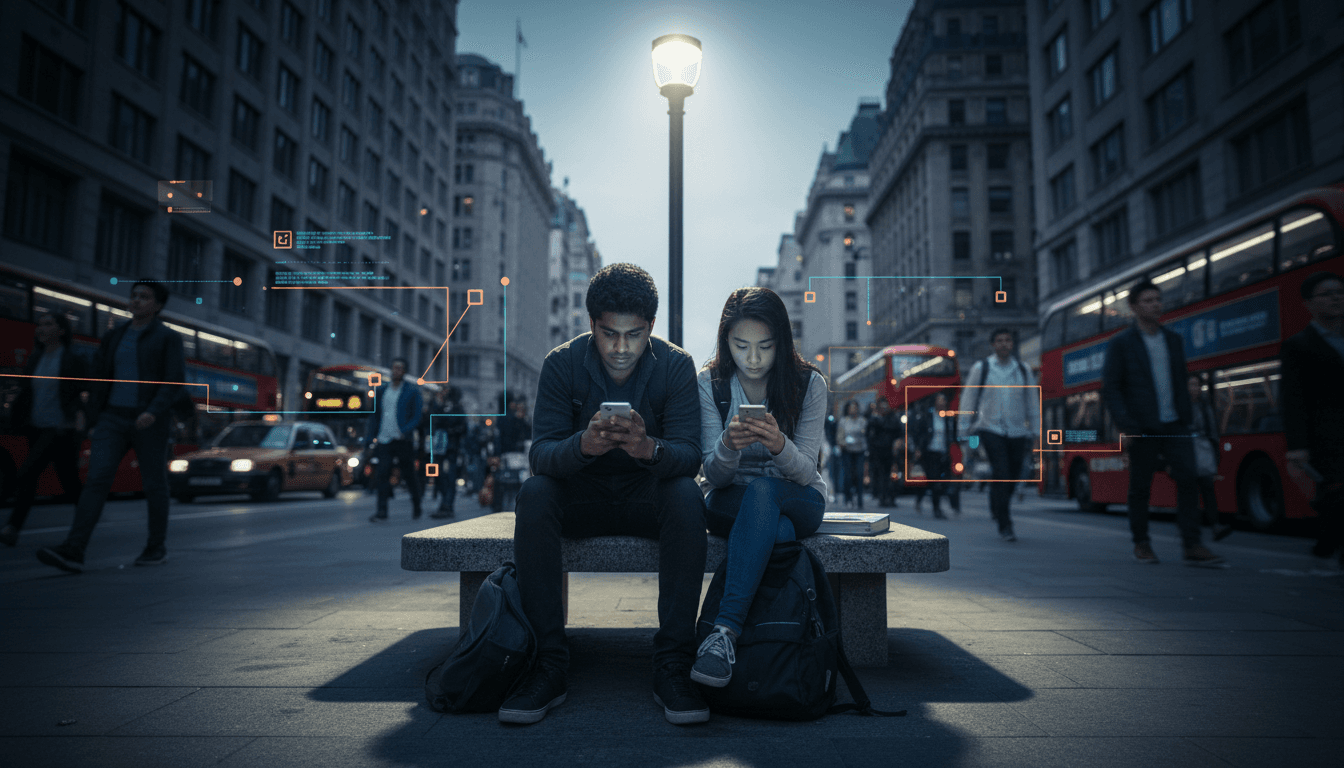 A bustling street scene with a young man in a hoodie looking intently at a smartphone screen, with blurred digital lines and subtle overlays of banking app interfaces hinting at cyber activity in the background.