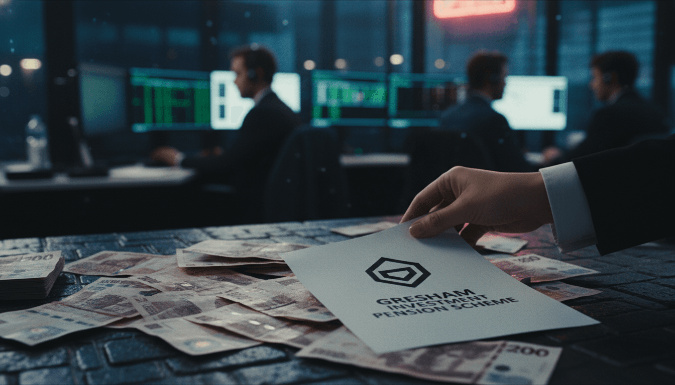 A hand placing a fraudulent 'pension scheme' document onto a pile of money, with a blurry background of a call center.