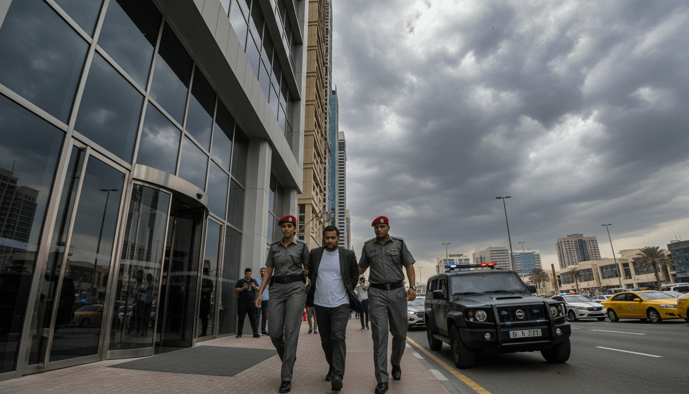 Police vehicles and officers outside a modern office building in Dubai, indicating an arrest in a global fraud investigation.