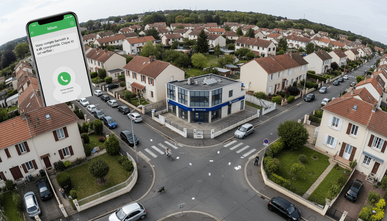 Aerial view of a bustling French city street with a small, unassuming bank branch visible, and faint digital overlays of text messages and phone call interfaces.