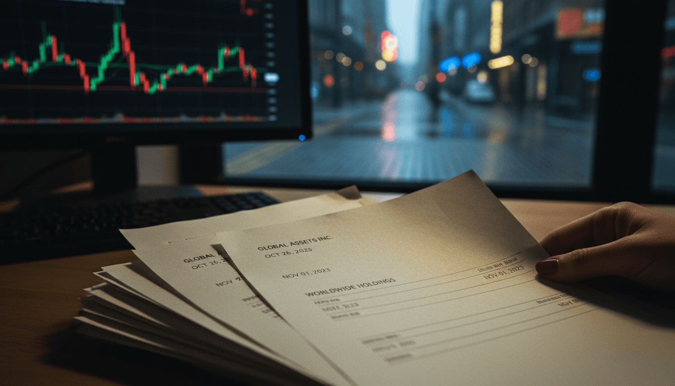 Close-up detail of a stack of counterfeit invoices with a faint watermark of a tax authority logo, hinting at the fraud.