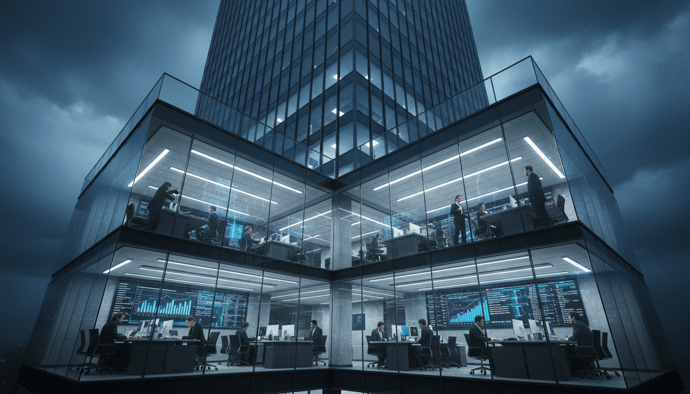 A wide shot of a bustling, modern corporate law firm office during a busy workday, with lawyers at desks, conference rooms, and screens displaying financial data.