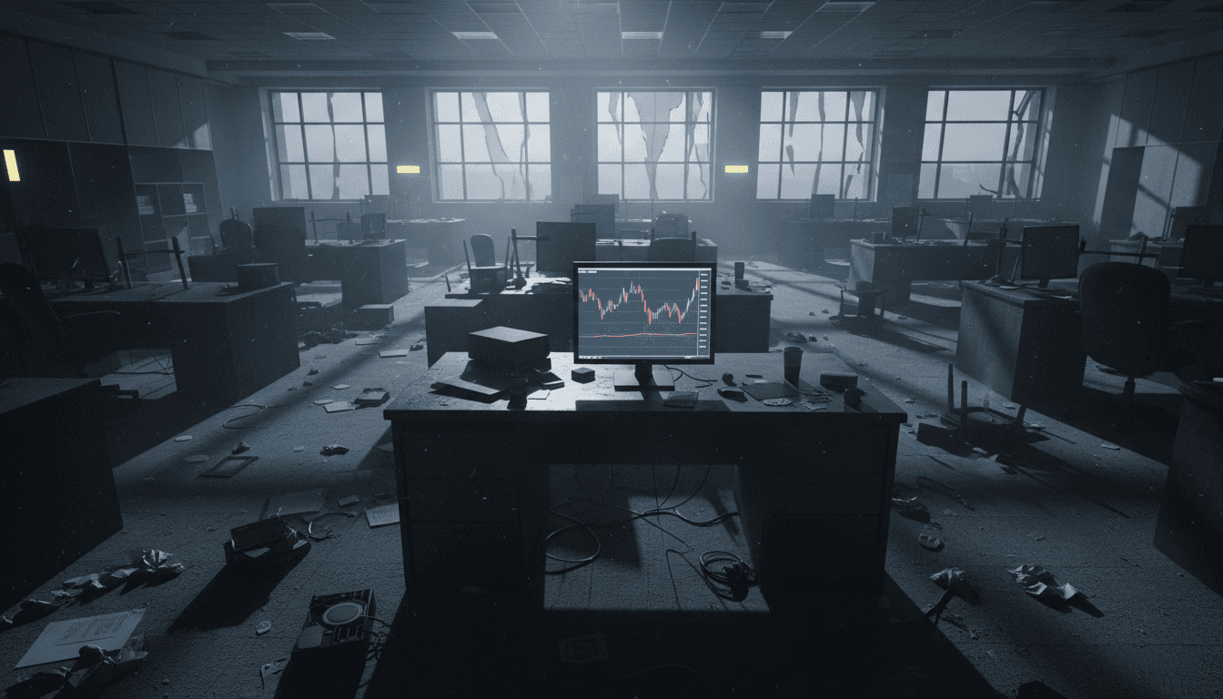 Empty, dimly lit trading floor with a single, dusty monitor displaying a static stock chart, hinting at abandoned financial operations.