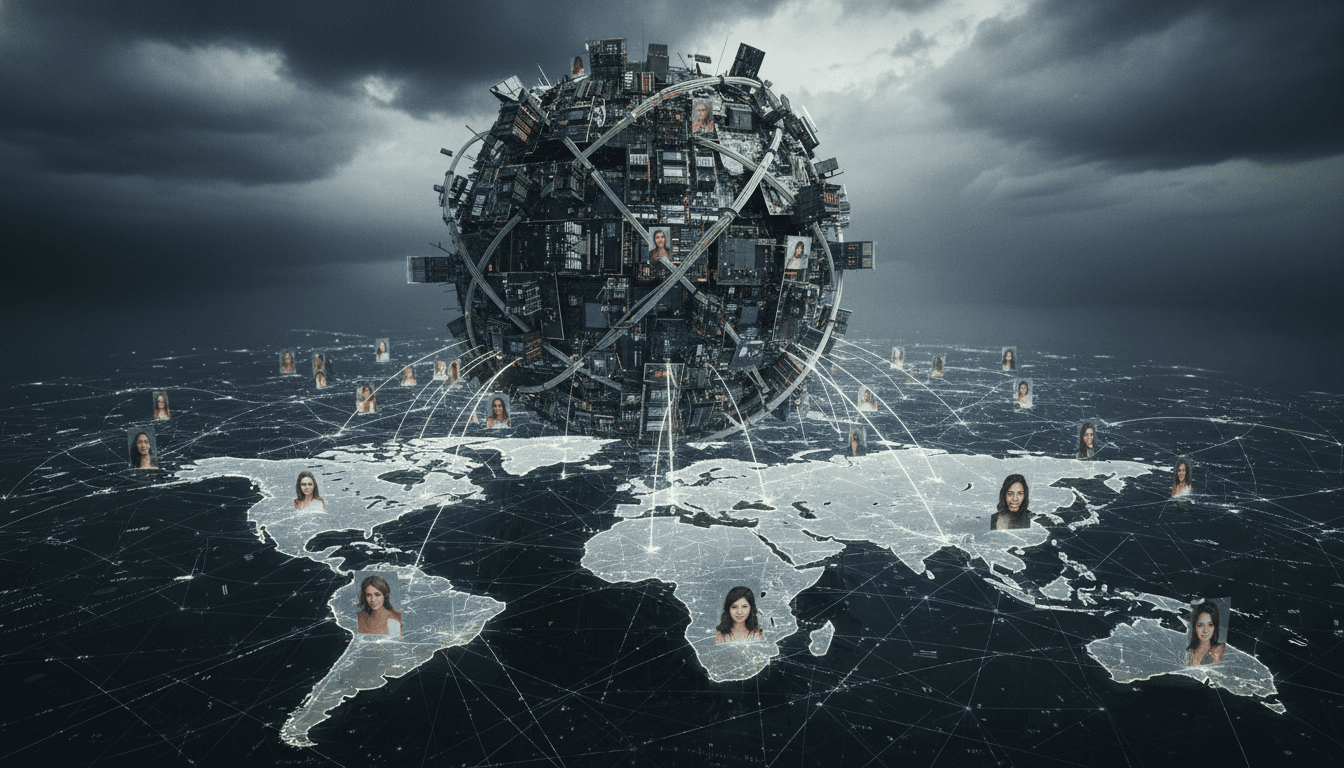 Aerial view of a scam call center in a bustling city, with multiple screens showing dating profiles and money transfer interfaces, illustrating the scale of online romance fraud.