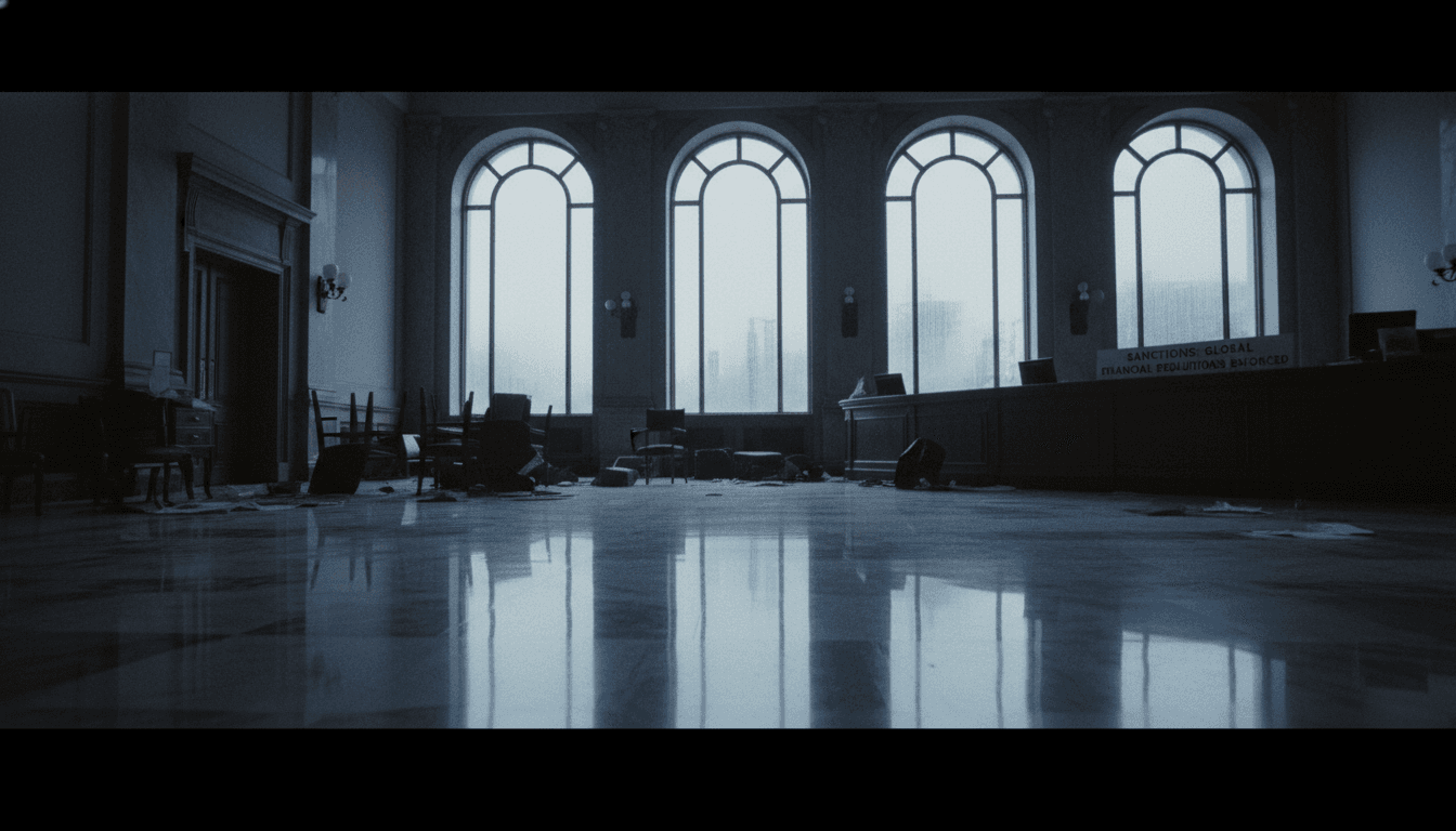 A dimly lit, empty bank lobby with a 'Sanctions' warning sign subtly visible, rain streaks down the large windows.