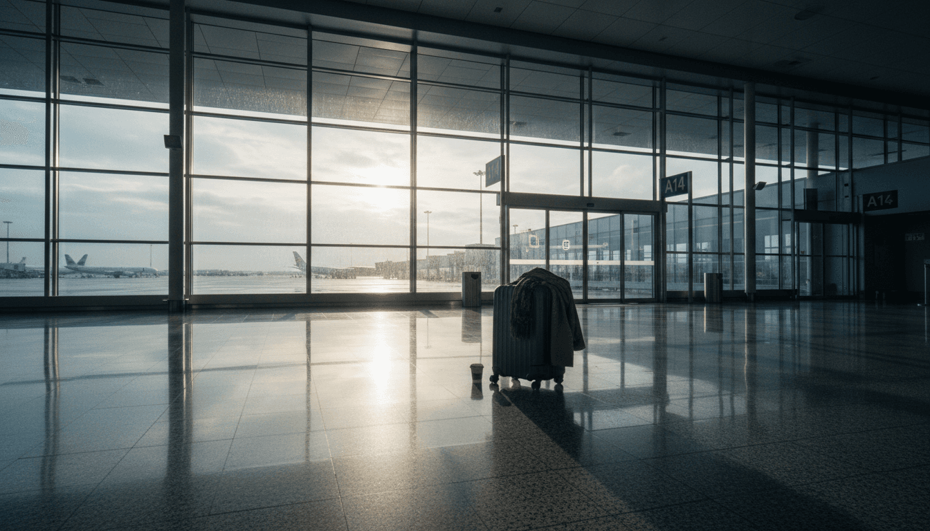 A dimly lit, empty international airport terminal at dawn, with a single, abandoned suitcase in the foreground, conveying a sense of sudden departure and an investigation underway.
