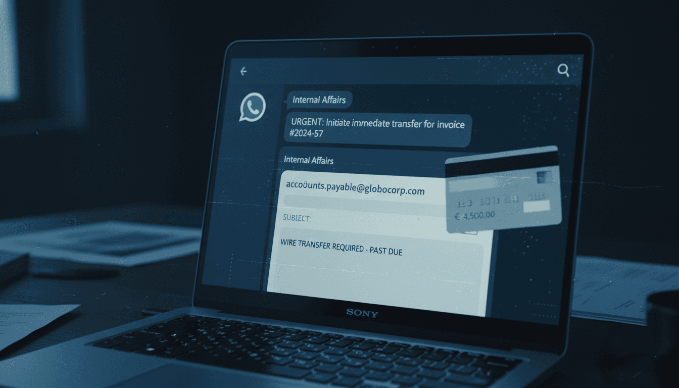 Close-up of a corporate laptop screen displaying a suspicious WhatsApp message and a fraudulent email, with blurred hands reaching for a keyboard, symbolizing the digital nature of the CEO fraud against Ondarza (Fremantle Executive).