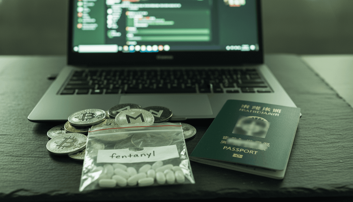 A still life composition depicting elements of dark web crime: a laptop displaying a cryptic dark web interface, cryptocurrency coins scattered, a physical evidence bag containing a baggie of white pills labeled 'fentanyl,' and a Taiwanese passport with a blurred photo.