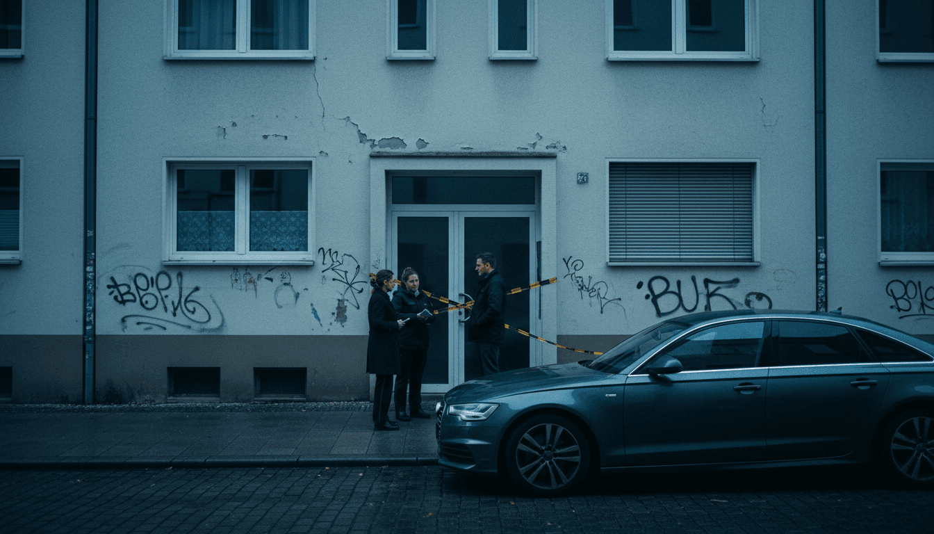 Police tape surrounds a nondescript residential building in a German city, with plainclothes officers visible in the foreground, suggesting a recent raid.