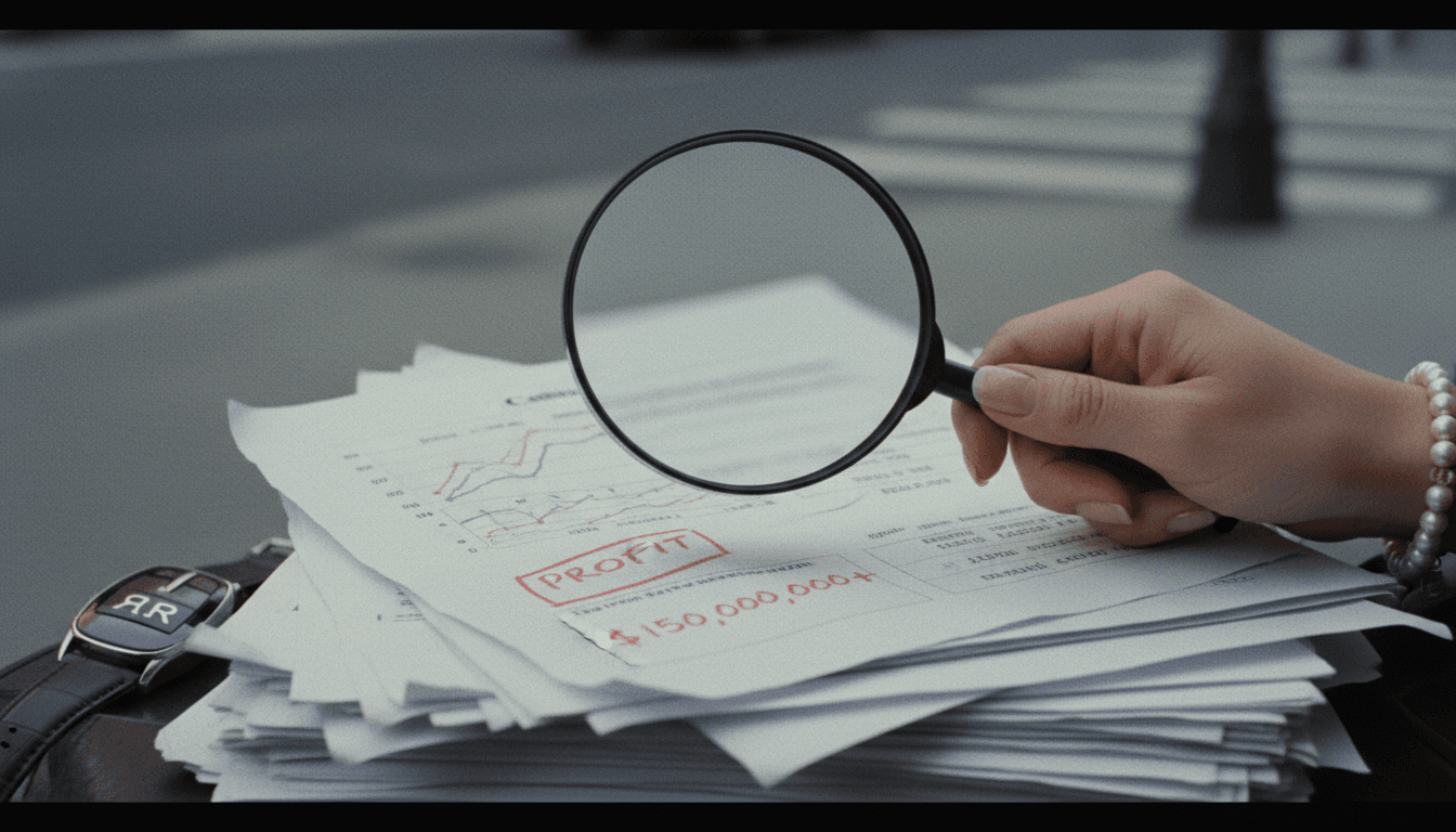 A hand holding a magnifying glass over a stack of fake financial statements, with a blurred background of luxury items like a car key and jewelry, symbolizing the deceptive nature of a Ponzi scheme and the lavish lifestyle it funded.