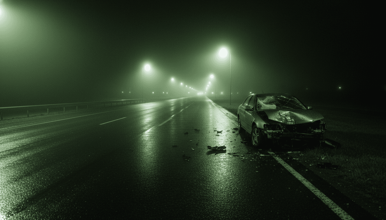 A desolate, rain-slicked road at night with the faint glow of distant streetlights, an abandoned, damaged car partially visible in the shadows, hinting at staged accidents.