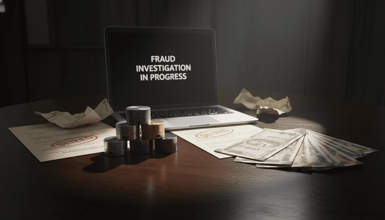 A detailed still life composition representing a global crypto scam crackdown, featuring a stack of seized cryptocurrency hardware wallets, a laptop displaying a 'fraud investigation' alert, scattered legal documents, and a pile of Indian Rupee banknotes, all under strong, focused task force lighting.
