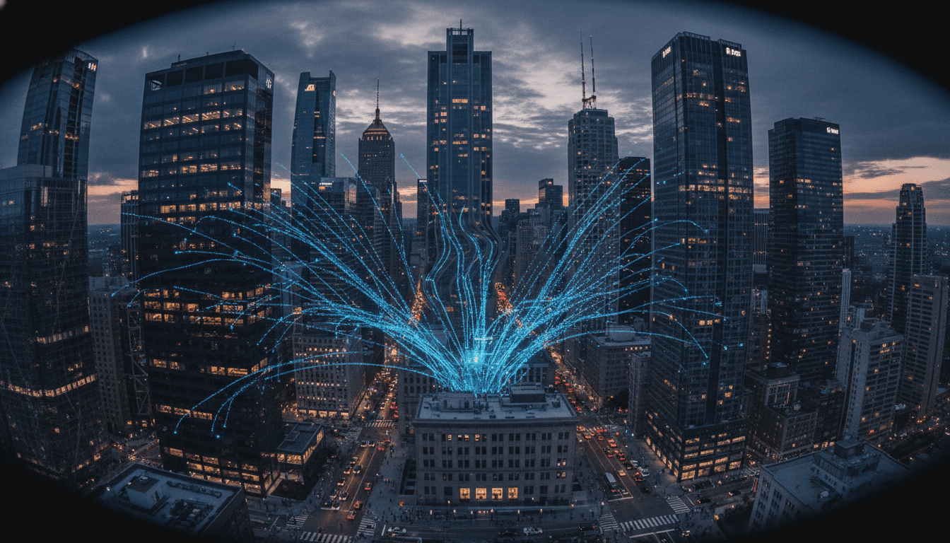 Aerial view of a city financial district with digital lines connecting bank buildings, symbolizing the widespread nature of the bank call scam and fund transfers.