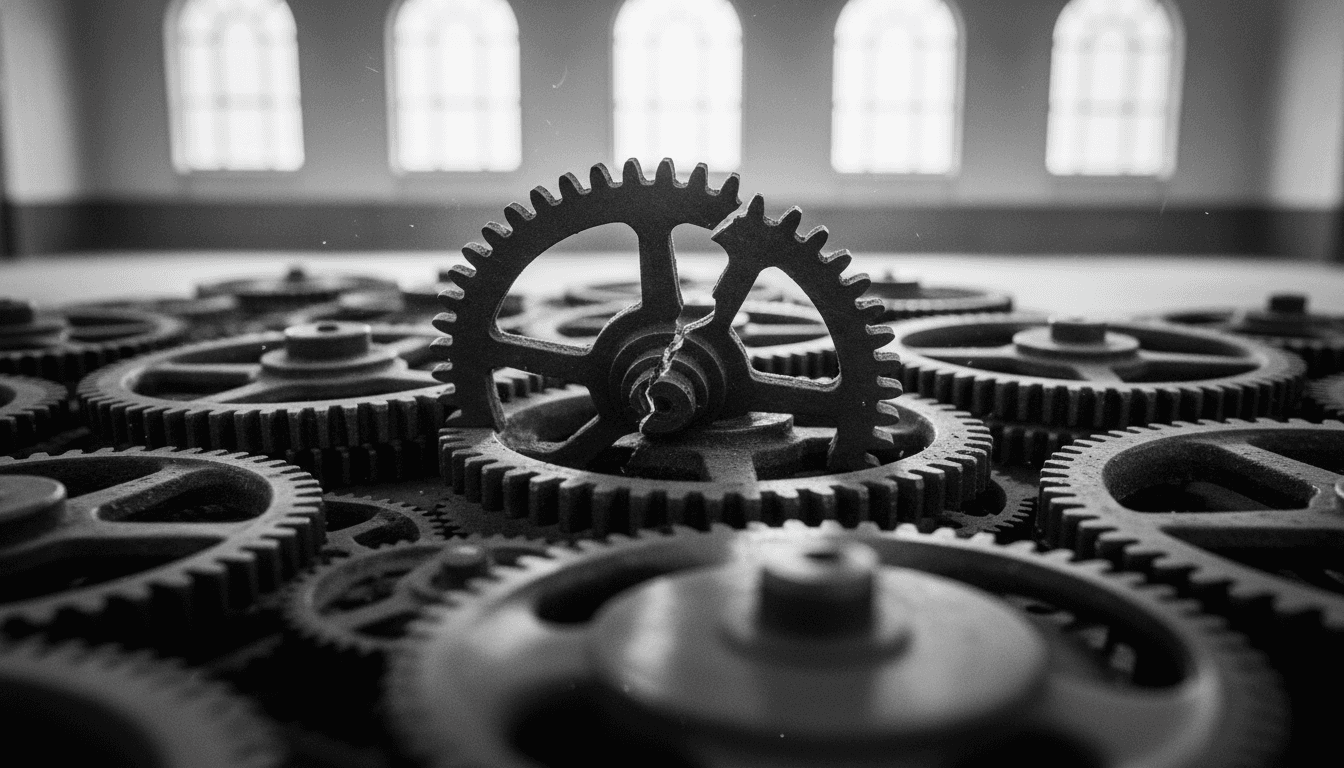 A complex, interlocking gear system, with one critical gear visibly broken and askew, symbolizing the failure of a stock-backed loan fraud scheme.