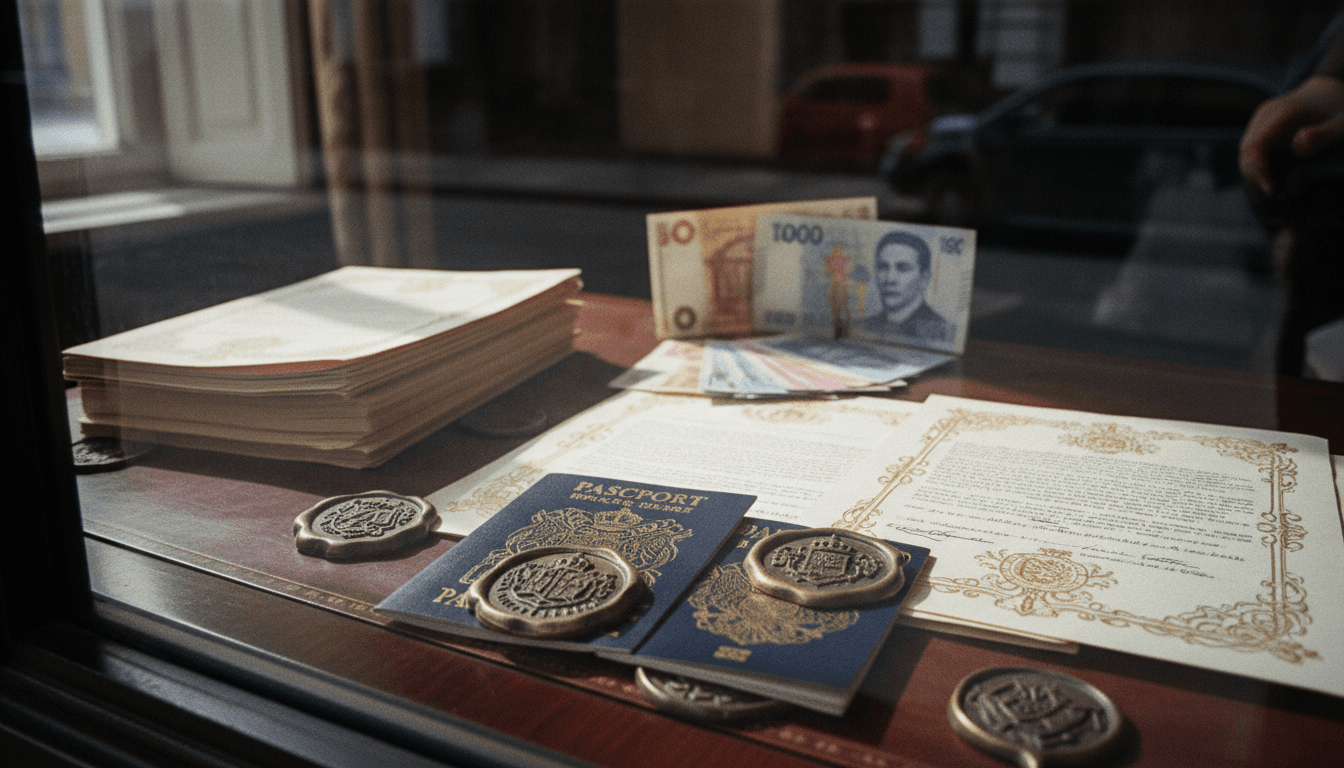 A collection of elaborate fake royal documents, including forged passports, seals, and ornate letterheads, scattered on a mahogany desk, symbolizing the royal identity fraud.