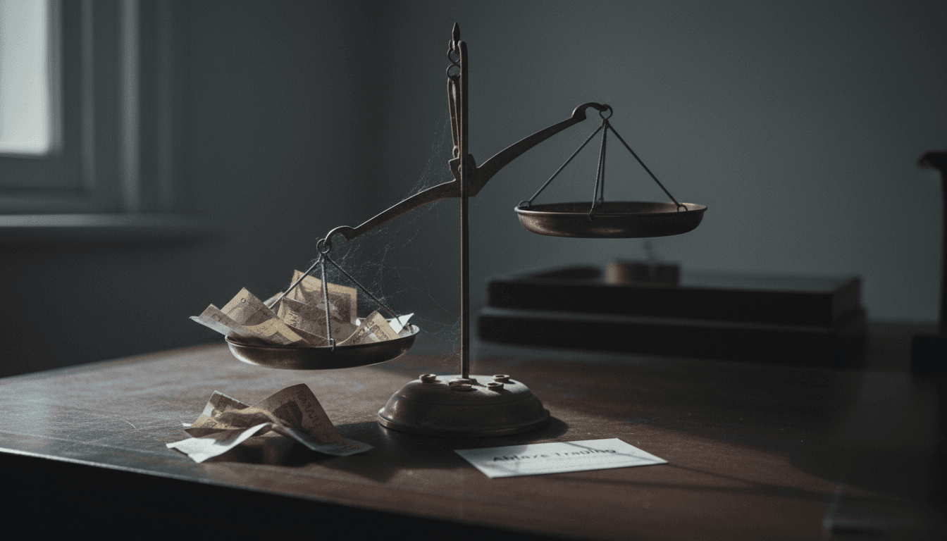 A detailed close-up of a tarnished, antique brass balance scale, with one pan overflowing with South African rand notes and the other empty, symbolizing the imbalance and ultimate loss from the Ablaze Trading fraud.