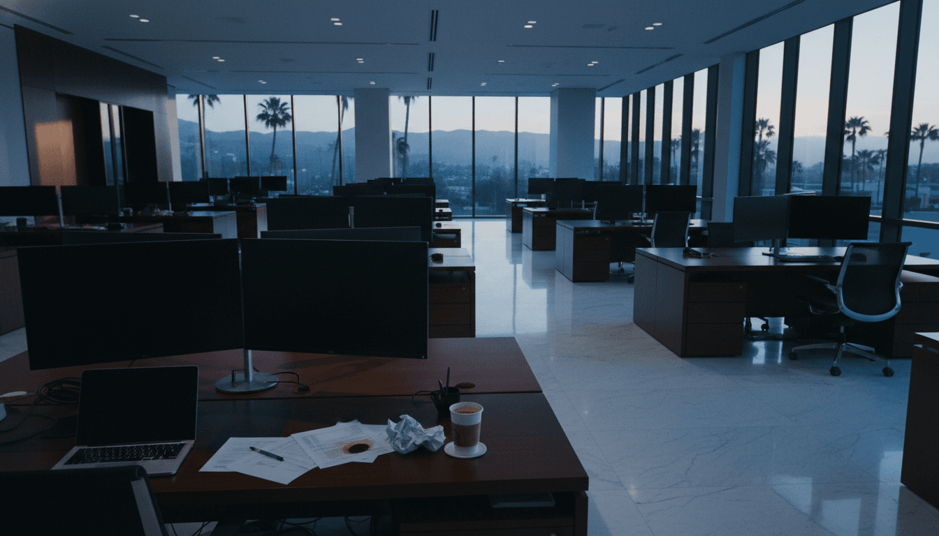 A wide shot of a high-end, modern Beverly Hills financial management office, with rows of sleek, empty desks and computer monitors, papers scattered on one desk, depicting the aftermath of the Nick Cannon embezzlement investigation.