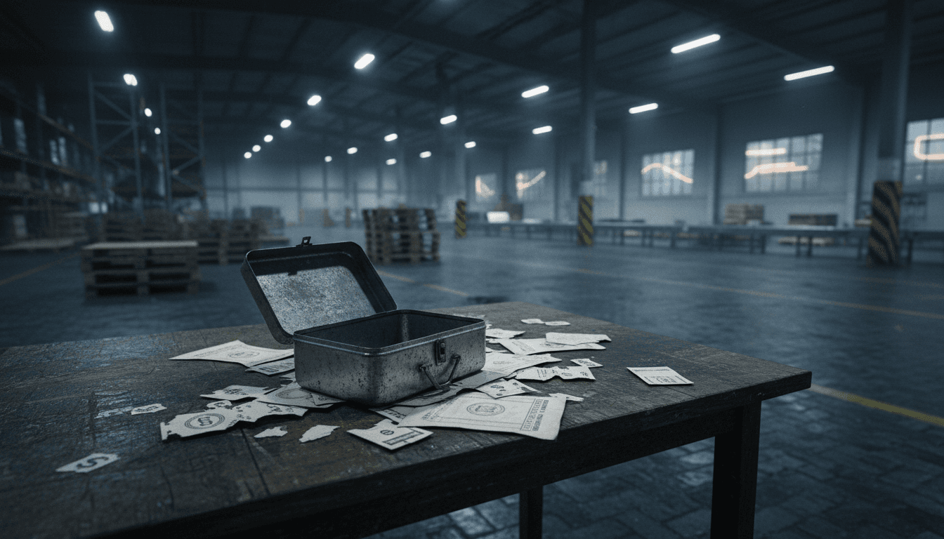 A conceptual image representing the Feeding Our Future fraud, showing a child's empty lunchbox superimposed over a stack of scattered, shredded financial documents.