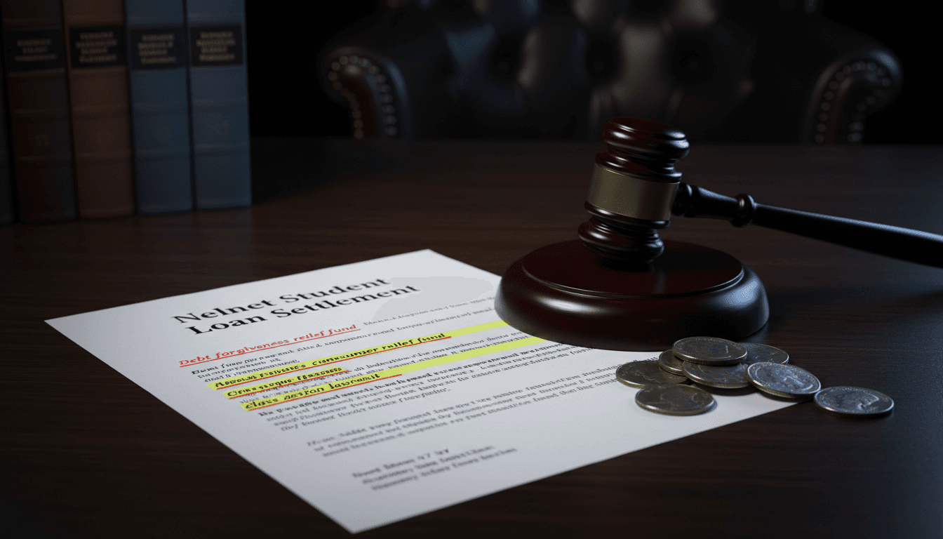 A close-up of a legal document titled 'Nelnet Student Loan Settlement' on a polished wooden desk, with a gavel and a stack of coins nearby, symbolizing legal review and financial restitution.