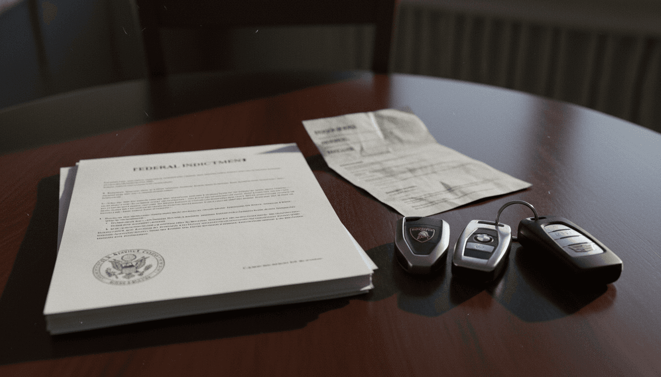 Federal indictment document and luxury car keys, representing the $4 million fraud schemes and money laundering by Raed Naser.