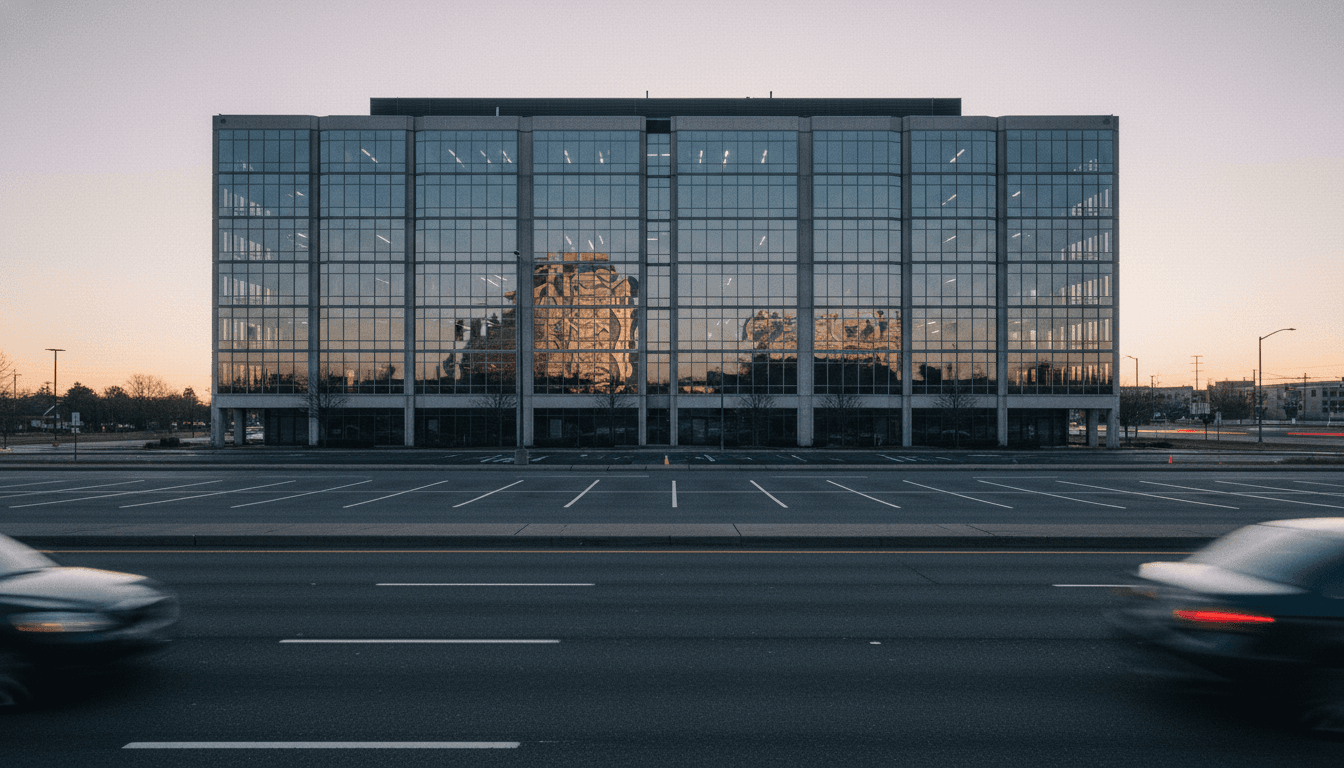 Empty, sterile office building at dawn, reflecting the cold light of an early morning, symbolizing the aftermath of an autism fraud scheme investigation.