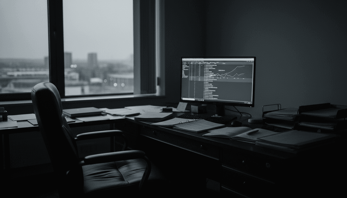 Financial documents and reports scattered on a desk, with a faint glow of a computer screen displaying offshore company names, symbolizing the complexity of international drug laundering investigations.