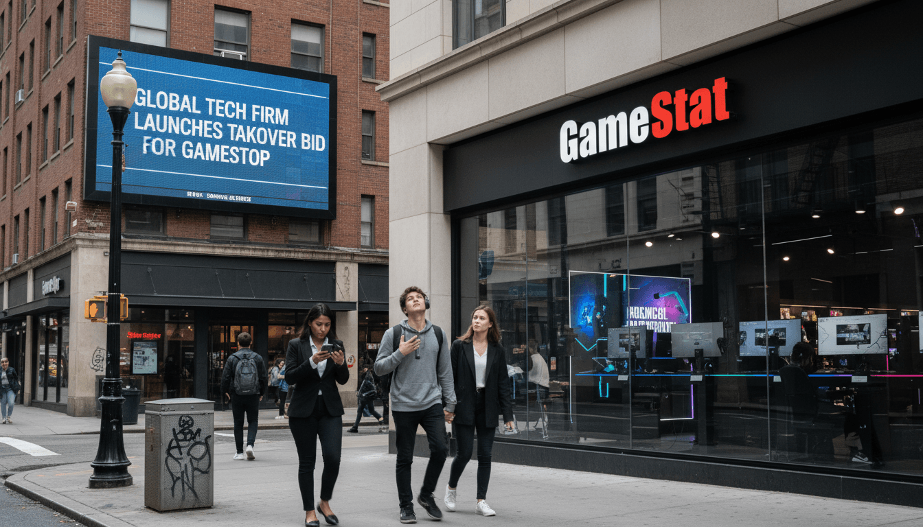 A bustling street scene outside a GameStop store, with a digital billboard in the background displaying the GameStop offers $50 billion news.