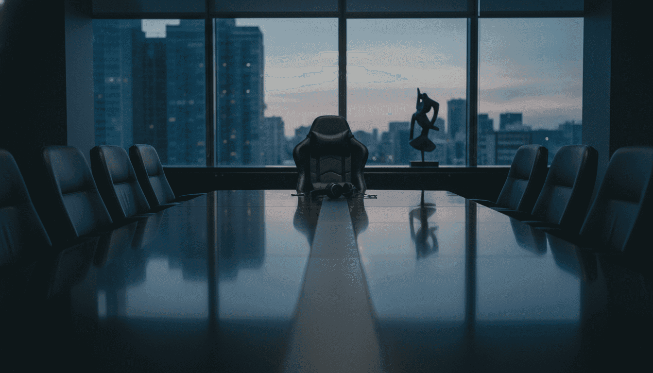 A dimly lit, empty corporate boardroom with a large, polished table and chairs, conveying the quiet aftermath of strategic acquisition challenges drive Sega Sammy's financial reporting.