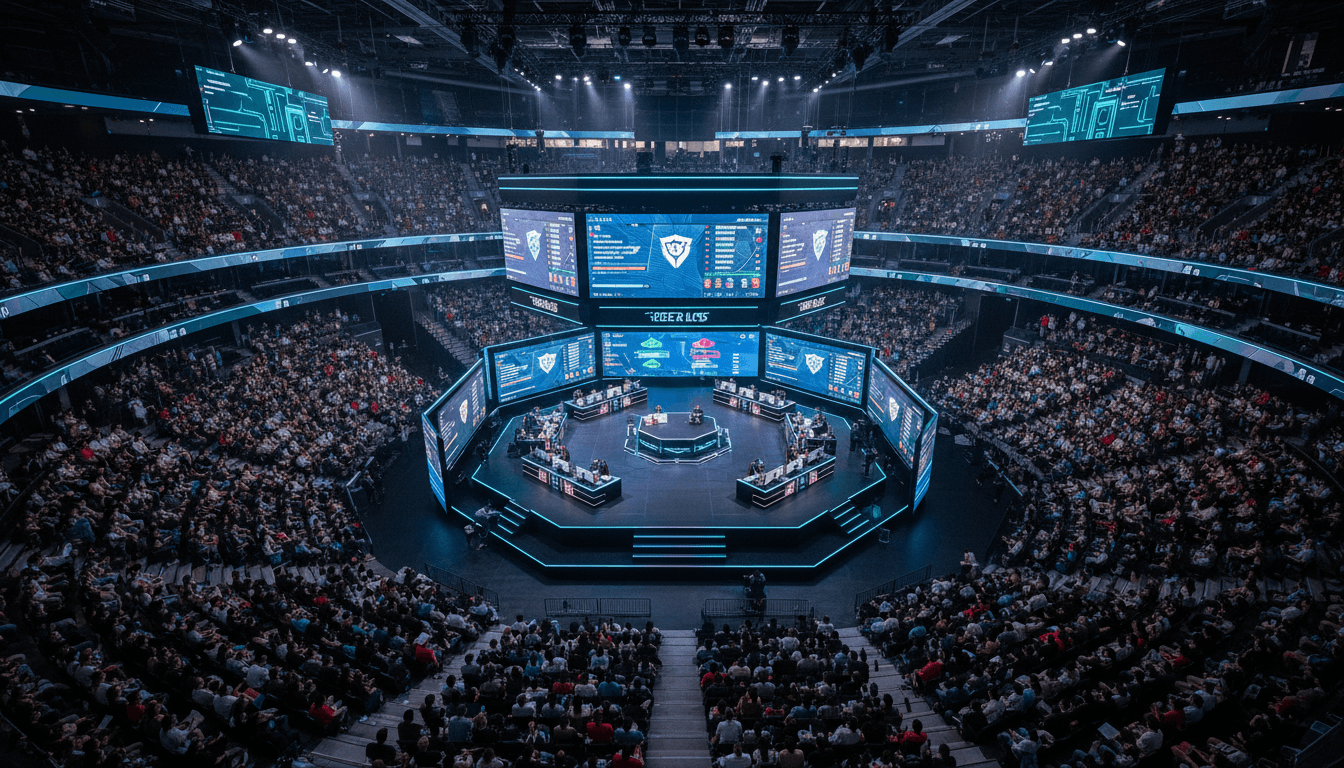 An aerial view of a bustling esports arena during a major tournament, showcasing the scale of the Nazara Technologies profit volatility in the gaming industry.