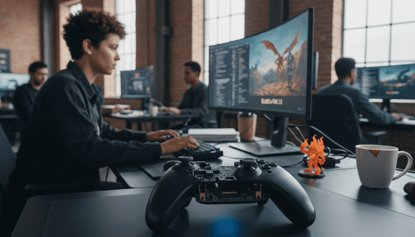 A developer at MercurySteam's office working on a screen showing details about Blades of Fire 2.0 launches.