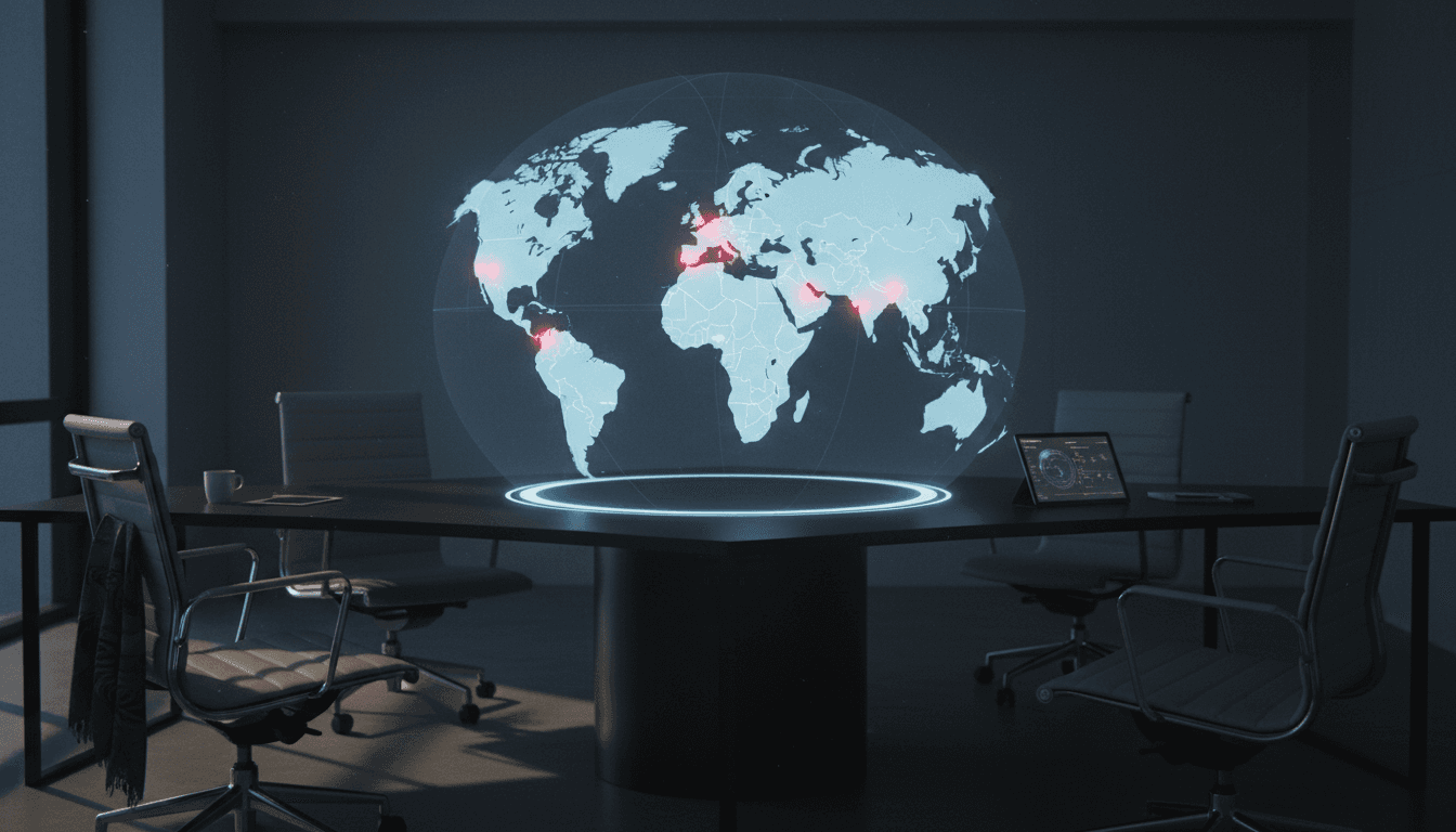 A world map with subtle, glowing red points indicating the 19 countries under global outbreak alerts, enveloped in a soft, hazy light at dawn, conveying a sense of quiet urgency.