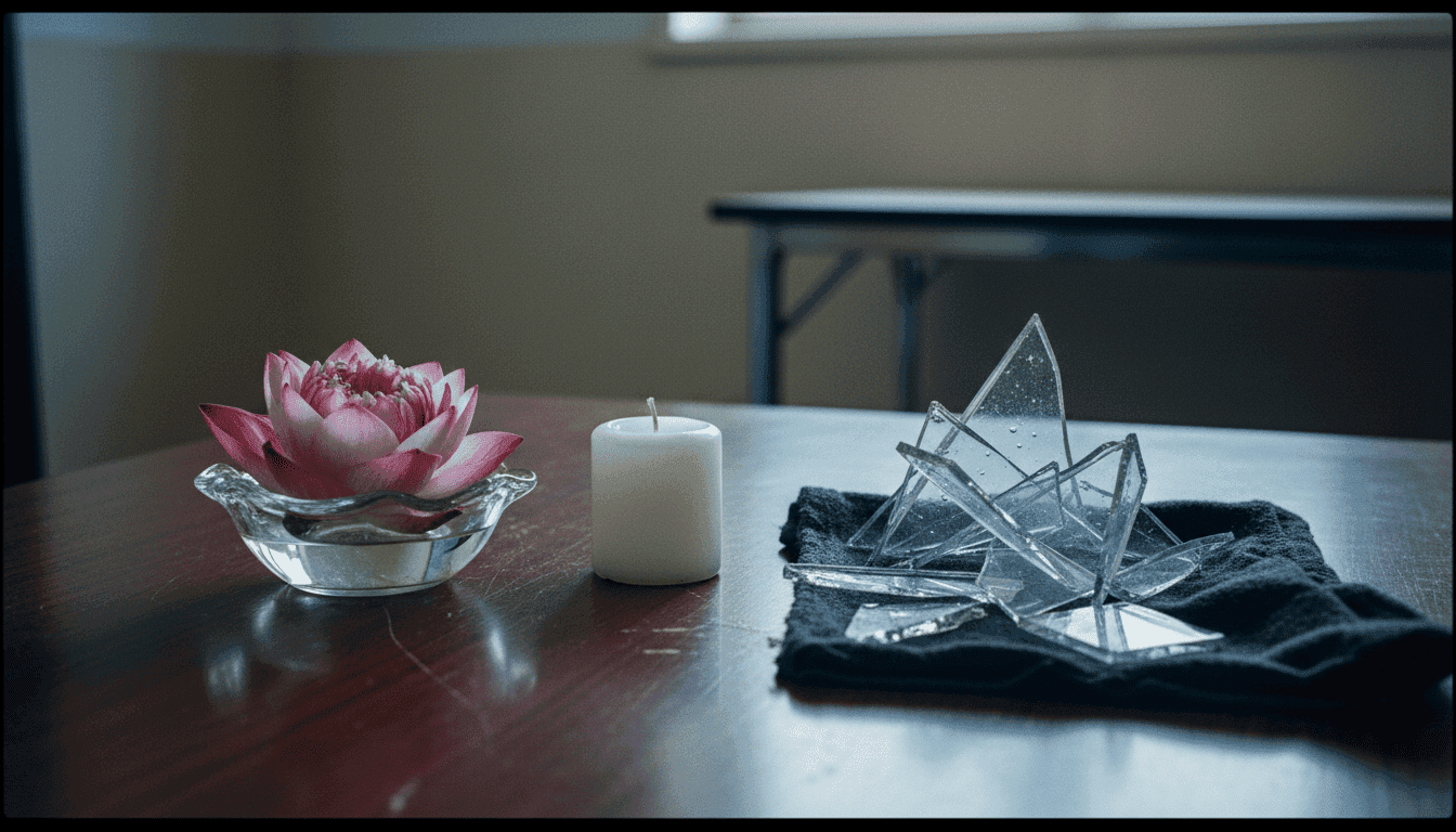 A still life composition depicting the duality of psychedelic therapy outcomes, featuring a tranquil, blooming lotus flower beside a fragmented, unsettling glass shard, with a small, unlit candle between them, symbolizing hope and fragility, on a textured, neutral background.